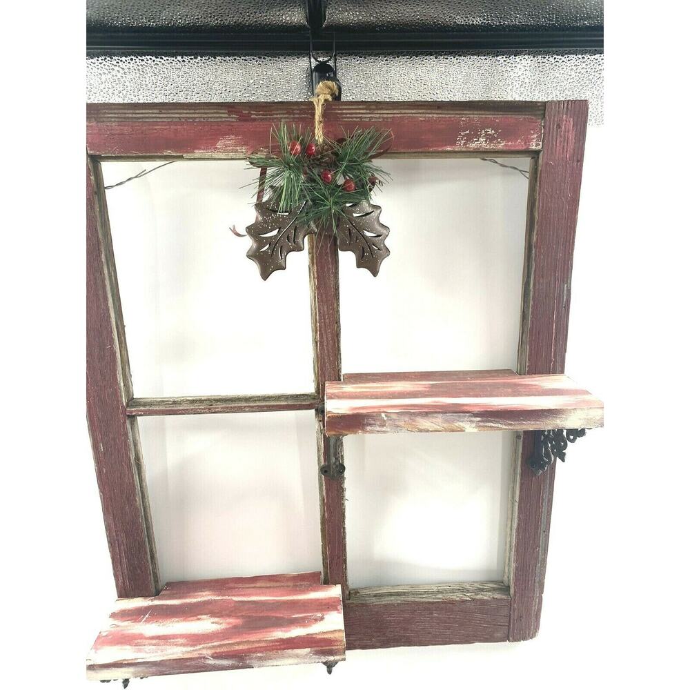 Vintage Red Barn Wood 4 Pane Window Wall Shelf Christmas Hollyberry Shadow Box - Picture 11 of 12
